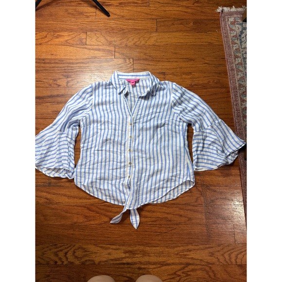 Lilly Pulitzer Tops - Lilly Pulitzer Blue White Striped‎ Bell Sleeve Tie Front Button Down Top M